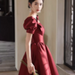 Elegant Burgundy Prom Dress ,A-Line Square Puff Sleeves Bodycon Maxi Evening Dress RS1018