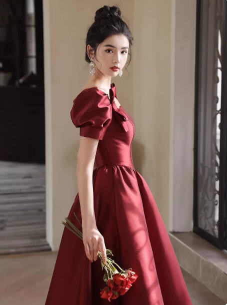 Elegant Burgundy Prom Dress ,A-Line Square Puff Sleeves Bodycon Maxi Evening Dress RS1018