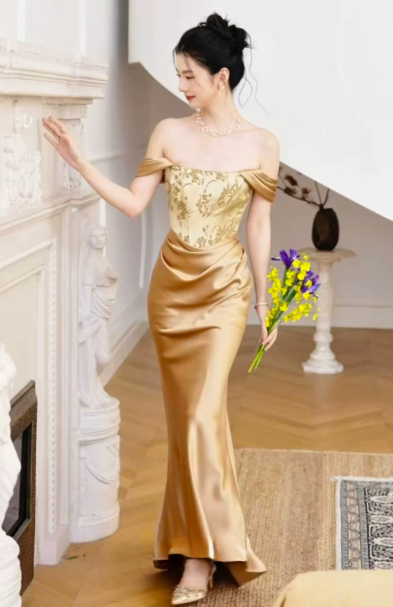 Elegant Golden Prom Dress ,Sheath Off-the-shoulder Bodycon Maxi Cocktail Dress RS1020