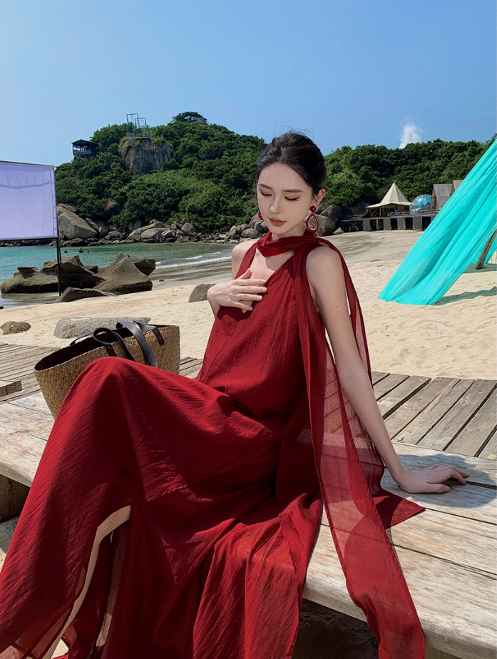 Fairy Island Travel Outfit Halter Neck V-Neck Dress Beach Dress Loose Casual Long Dress R1732