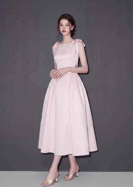 Minimalist Blush Pink Prom Dress ,A-Line High Collar Bow Shoulder Ornament Bodycon Maxi Evening Dress RS1021