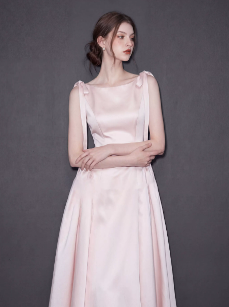 Minimalist Blush Pink Prom Dress ,A-Line High Collar Bow Shoulder Ornament Bodycon Maxi Evening Dress RS1021