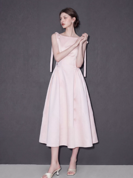 Minimalist Blush Pink Prom Dress ,A-Line High Collar Bow Shoulder Ornament Bodycon Maxi Evening Dress RS1021