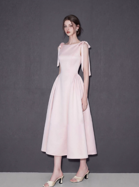 Minimalist Blush Pink Prom Dress ,A-Line High Collar Bow Shoulder Ornament Bodycon Maxi Evening Dress RS1021