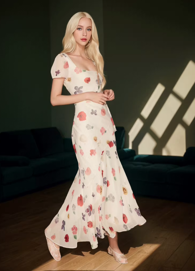 Printed square neck short sleeve dress French retro style waist slim long skirt R2909