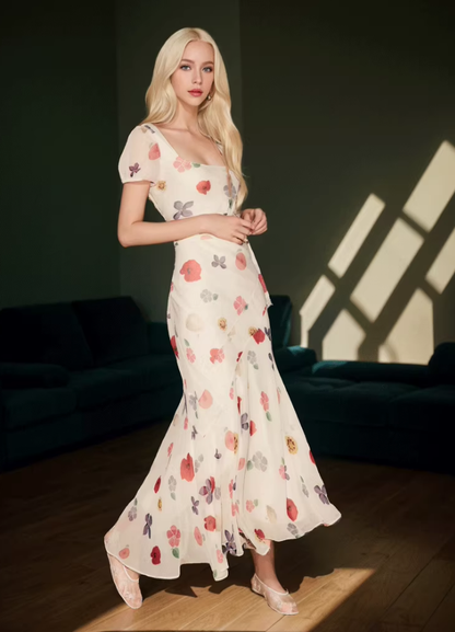 Printed square neck short sleeve dress French retro style waist slim long skirt R2909