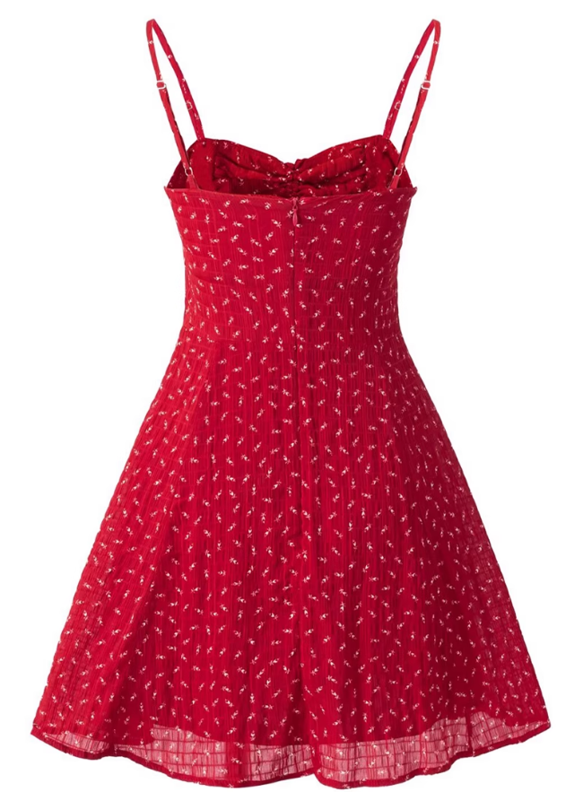 2025 Summer New Red Floral A-line Small Waist Suspender Dress R0911