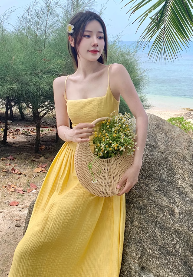 Yellow backless strappy suspender sexy dress seaside holiday long dress waist beach dress R1615