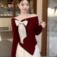 Fairy temperament high-end suit one-shoulder bow sweater with skirt two-piece suit R1725