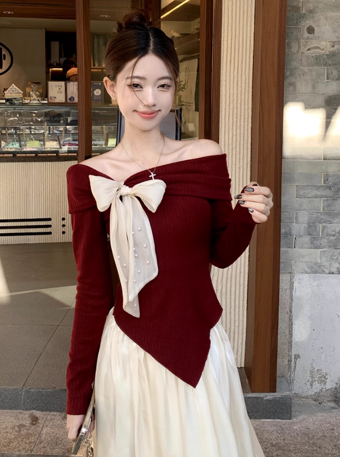 Fairy temperament high-end suit one-shoulder bow sweater with skirt two-piece suit R1725