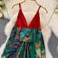 Classical Aesthetics Floral V-neck Large Backless Suspender Dress Seaside Holiday Beach Dress R0385