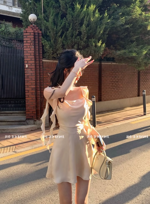 High-grade satin dress short pure waist design suspender skirt ribbon skirt R1525