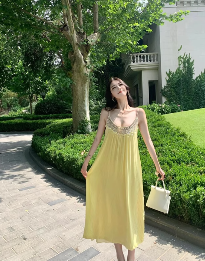 French style beautiful yellow temperament sling dress loose lazy holiday beach dress R1588