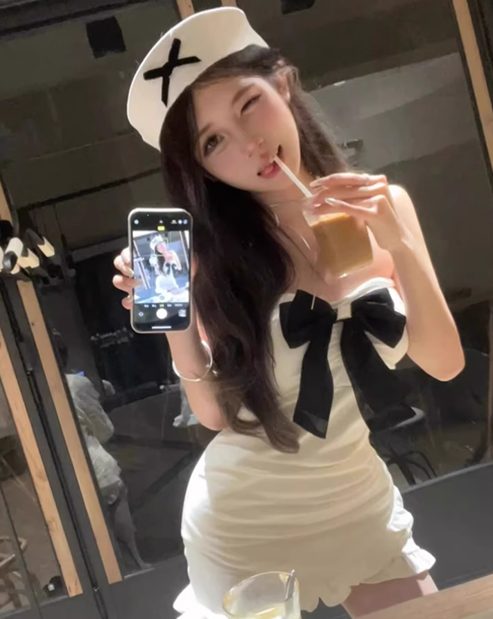 Sexy hot girl bow tube top dress 2025 pure desire waist ruffled hip skirt R1305