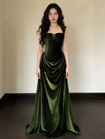 Silky Satin Square Corset Prom Gown , Bud Green Women's Maxi Evening Dress Ball Gown RS2606