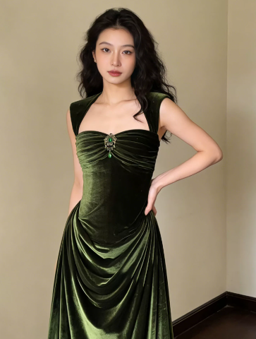 Silky Satin Square Corset Prom Gown , Bud Green Women's Maxi Evening Dress Ball Gown RS2606