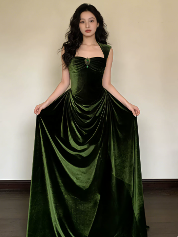 Silky Satin Square Corset Prom Gown , Bud Green Women's Maxi Evening Dress Ball Gown RS2606