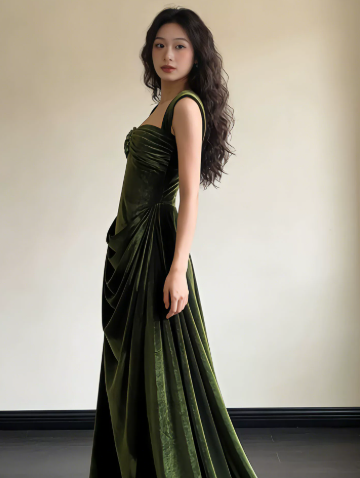 Silky Satin Square Corset Prom Gown , Bud Green Women's Maxi Evening Dress Ball Gown RS2606