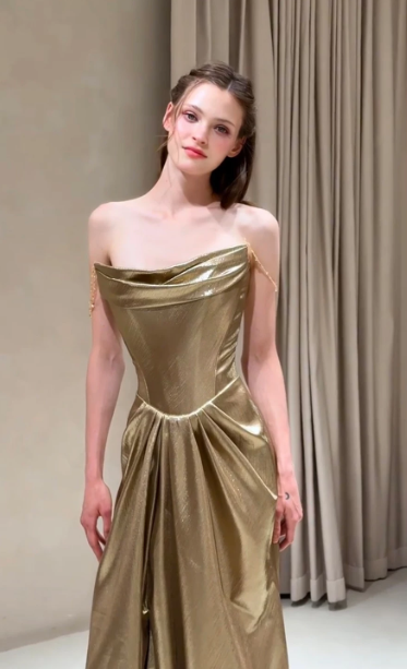 French Chic Golden Prom Dress ,Mermaid Strapless Bodycon Maxi Evening Dress RS1022
