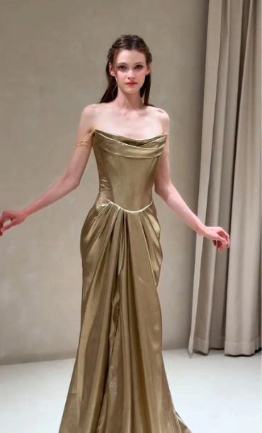 French Chic Golden Prom Dress ,Mermaid Strapless Bodycon Maxi Evening Dress RS1022