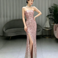 Glitter Pink Sequins Prom Dress ,Sheath Strapless High-slit Bodycon Maxi Evening Dress RS1023