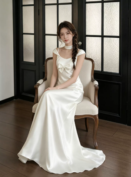 Minimalist White Silky Prom Dress ,A-Line Portrait Elegant Maxi Evening Dress RS1024