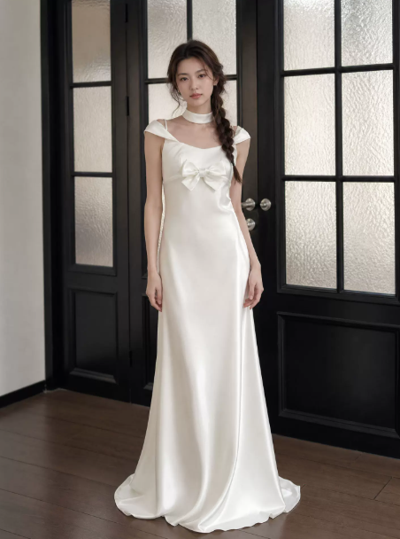 Minimalist White Silky Prom Dress ,A-Line Portrait Elegant Maxi Evening Dress RS1024