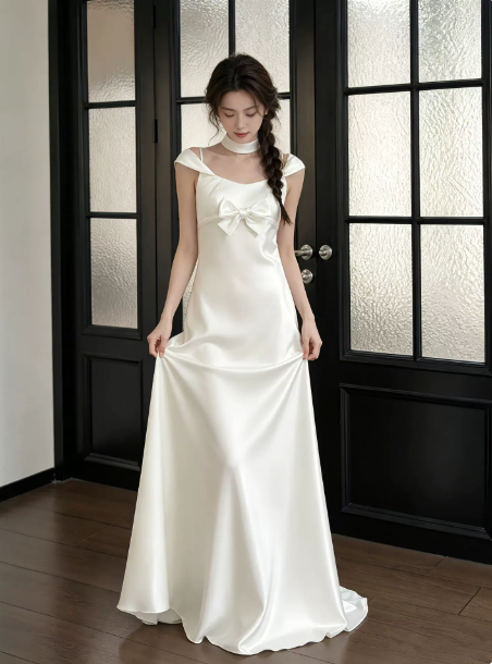 Minimalist White Silky Prom Dress ,A-Line Portrait Elegant Maxi Evening Dress RS1024