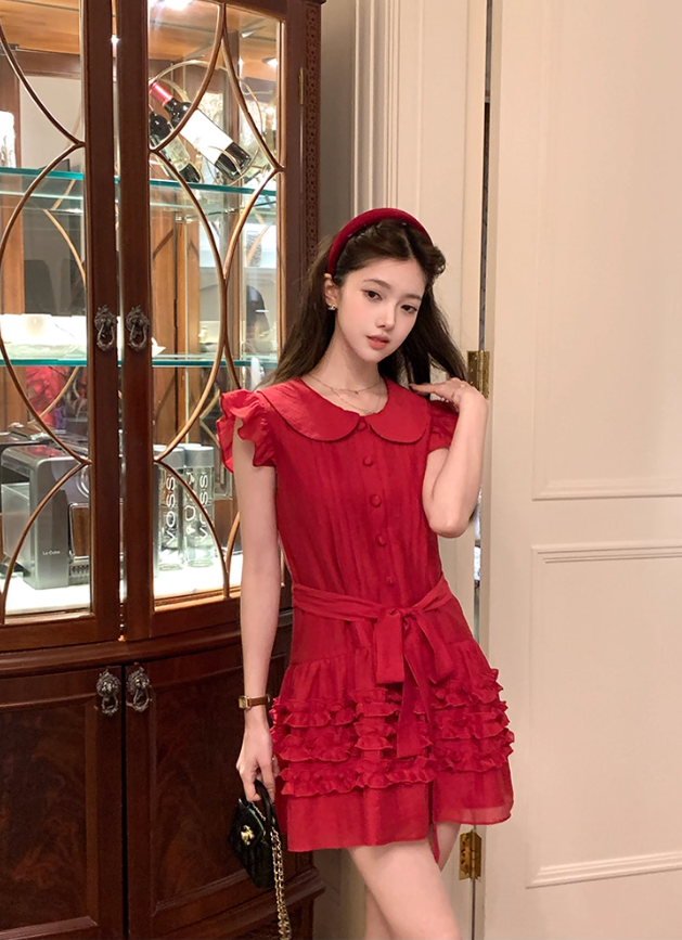 Red doll collar Tencel small flying sleeve dress summer French temperament slim skirt R4783