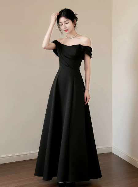 Minimalist Black Prom Dress ,A-Line Bateau Elegant Maxi Evening Dress RS1025