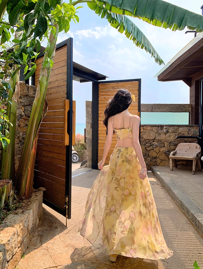 Gentle style floral suspender dress with backless and beautiful long dress R0561