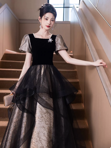 Charming Patchwork Prom Dress ,A-Line Square Puff Sleeves Elegant Maxi Evening Dress RS1026