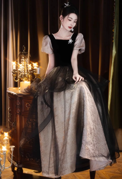 Charming Patchwork Prom Dress ,A-Line Square Puff Sleeves Elegant Maxi Evening Dress RS1026