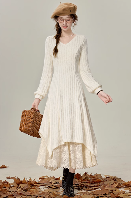 2025 new style white knitted dress with coat and sweater dress R1895