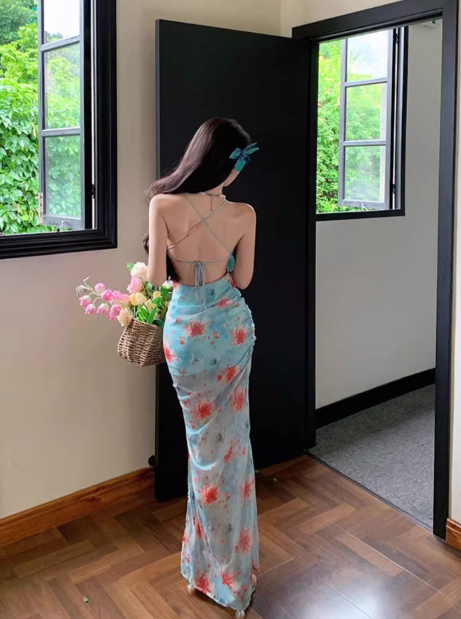 Sweet and spicy high slit slim backless dress beach dress seaside holiday atmosphere dress R1576