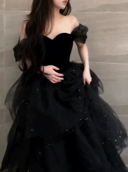 Charming Black Sequins Prom Dress for Women,A-Line Off-the-shoulder Elegant Maxi Evening Dress RS1027