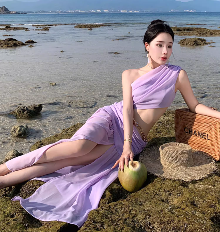 Photo skirt waist-baring one-shoulder dress design seaside atmosphere holiday beach skirt R1592