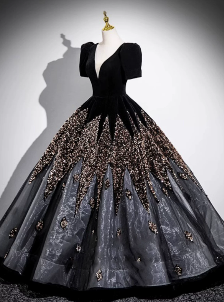 Gorgeous Black Sequins Quinceanera Dress,Ball Gown V-neck Elegant Maxi Evening Dress RS1028