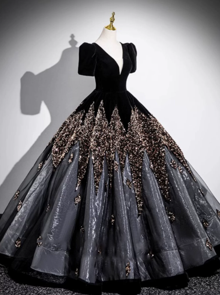 Gorgeous Black Sequins Quinceanera Dress,Ball Gown V-neck Elegant Maxi Evening Dress RS1028