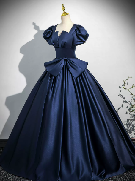 Elegant Navy Celebrity Dress,Ball Gown Square Bow Waist Ornament Maxi Evening Dress RS1029