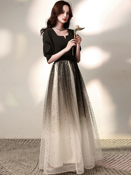 Charming Gradient Sequins Prom Dress,A-Line Square Puff Sleeves Maxi Evening Dress RS1031