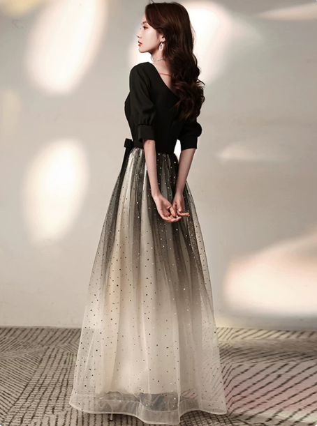 Charming Gradient Sequins Prom Dress,A-Line Square Puff Sleeves Maxi Evening Dress RS1031