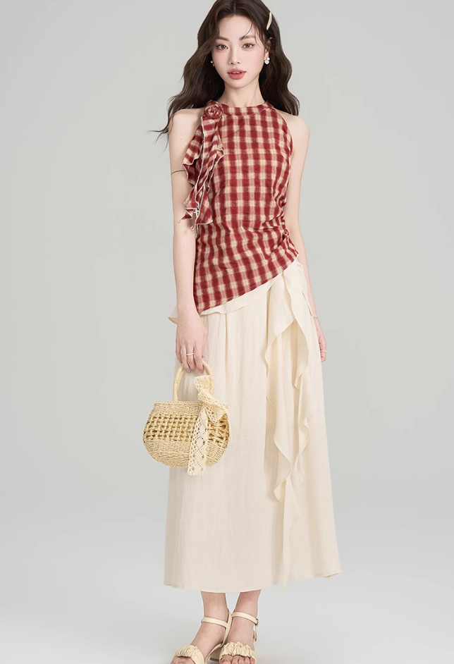 French irregular retro plaid halter neck off-shoulder top with strappy skirt two-piece set R2408