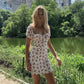 White background pink print waist slim A-line short skirt homecoming dress R3309