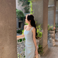 French square neck blue suspender dress waist temperament high-end slim long skirt R4338
