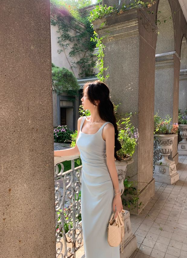 French square neck blue suspender dress waist temperament high-end slim long skirt R4338