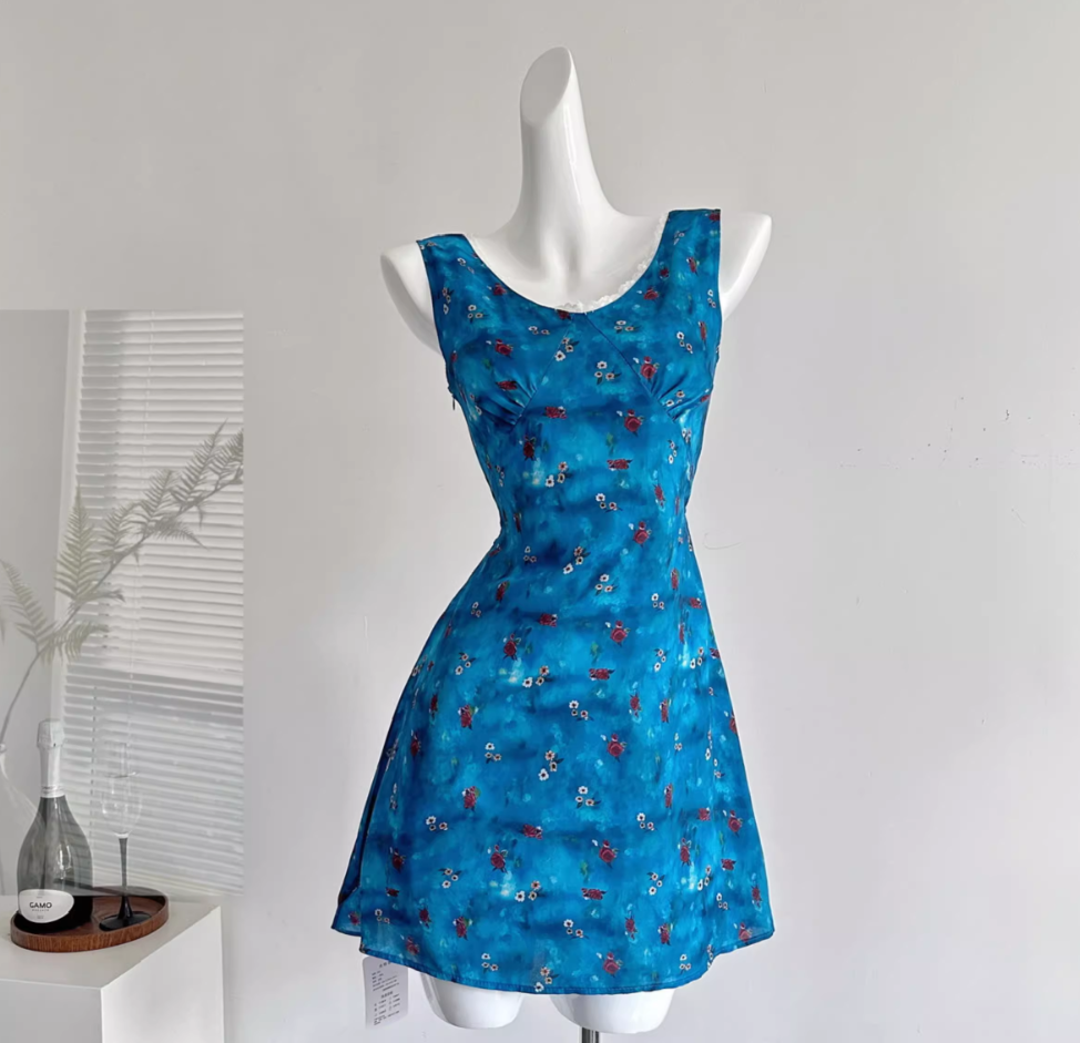 Priyanka floral V-neck chiffon waist sleeveless short dress R2059