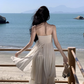 French retro atmosphere super fairy vacation sexy tube top halter neck suspender long dress R0190
