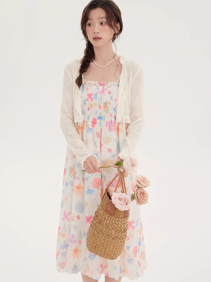 Floral suspender skirt plus cardigan two-piece suit 2025 new French seaside dress R2377