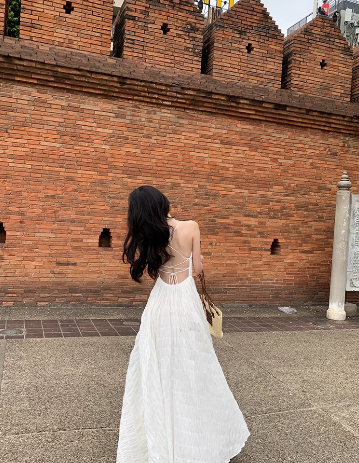 Beach dress suspenders backless dress temperament long skirt holiday style R1565